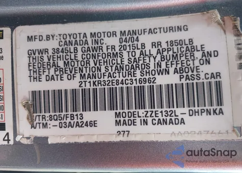 2004 Toyota Matrix Xr z USA, uszkodzony, nr VIN 2T1KR32E84C316962